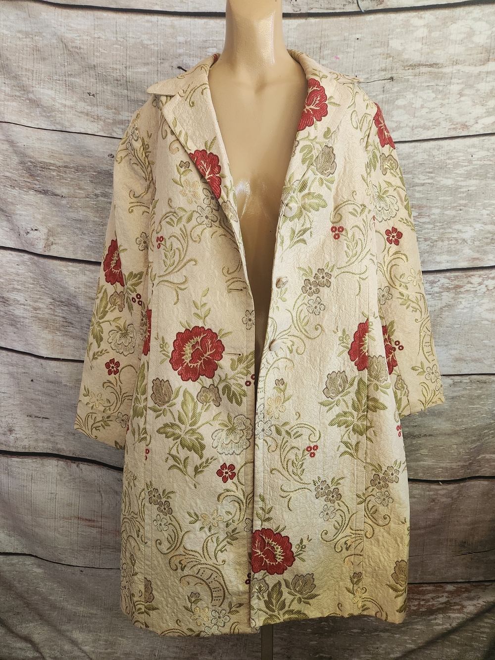 Apostrophe Cream Floral Jacquard Coat with Red & Green Accents